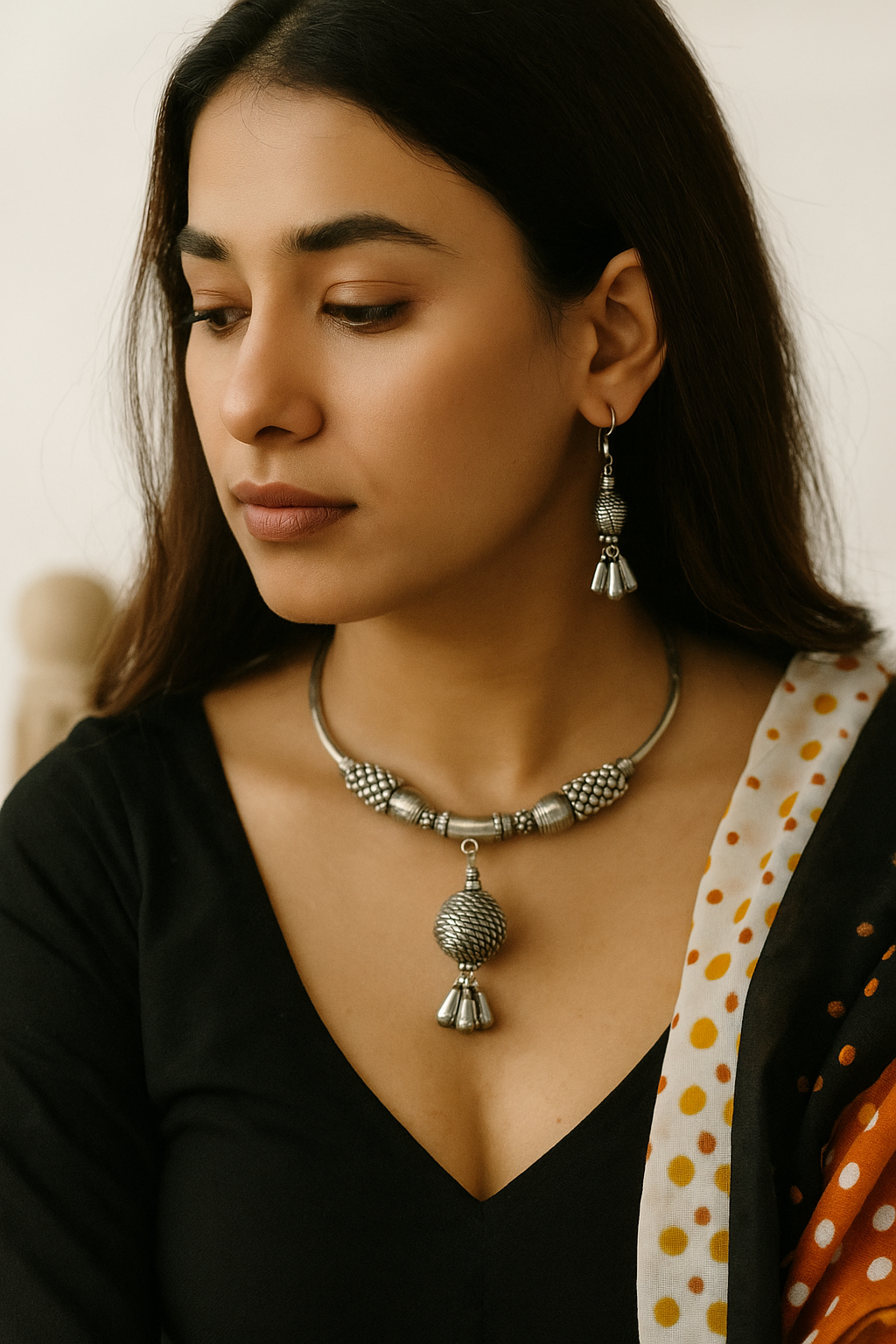 Oxidized Silver Beaded Choker Necklace Set with Bold Pendant & Earrings