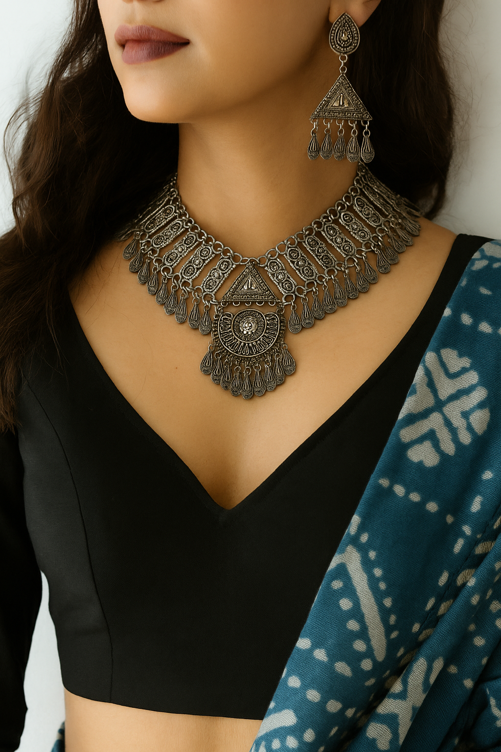 Antique Oxidized Silver Tribal Choker Necklace Set with Dangling Earrings