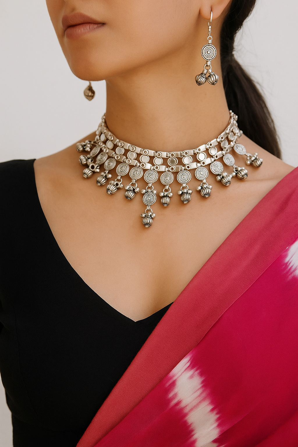 Mirror Work Oxidized Silver Choker Necklace Set with Jhumka Drops