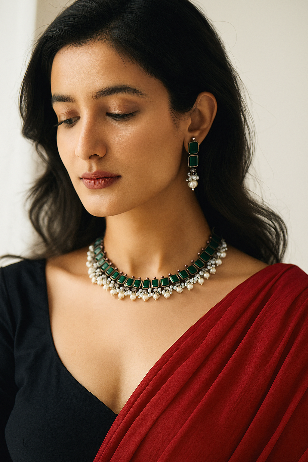 Emerald Green Stone & Pearl Drop Choker Necklace Set