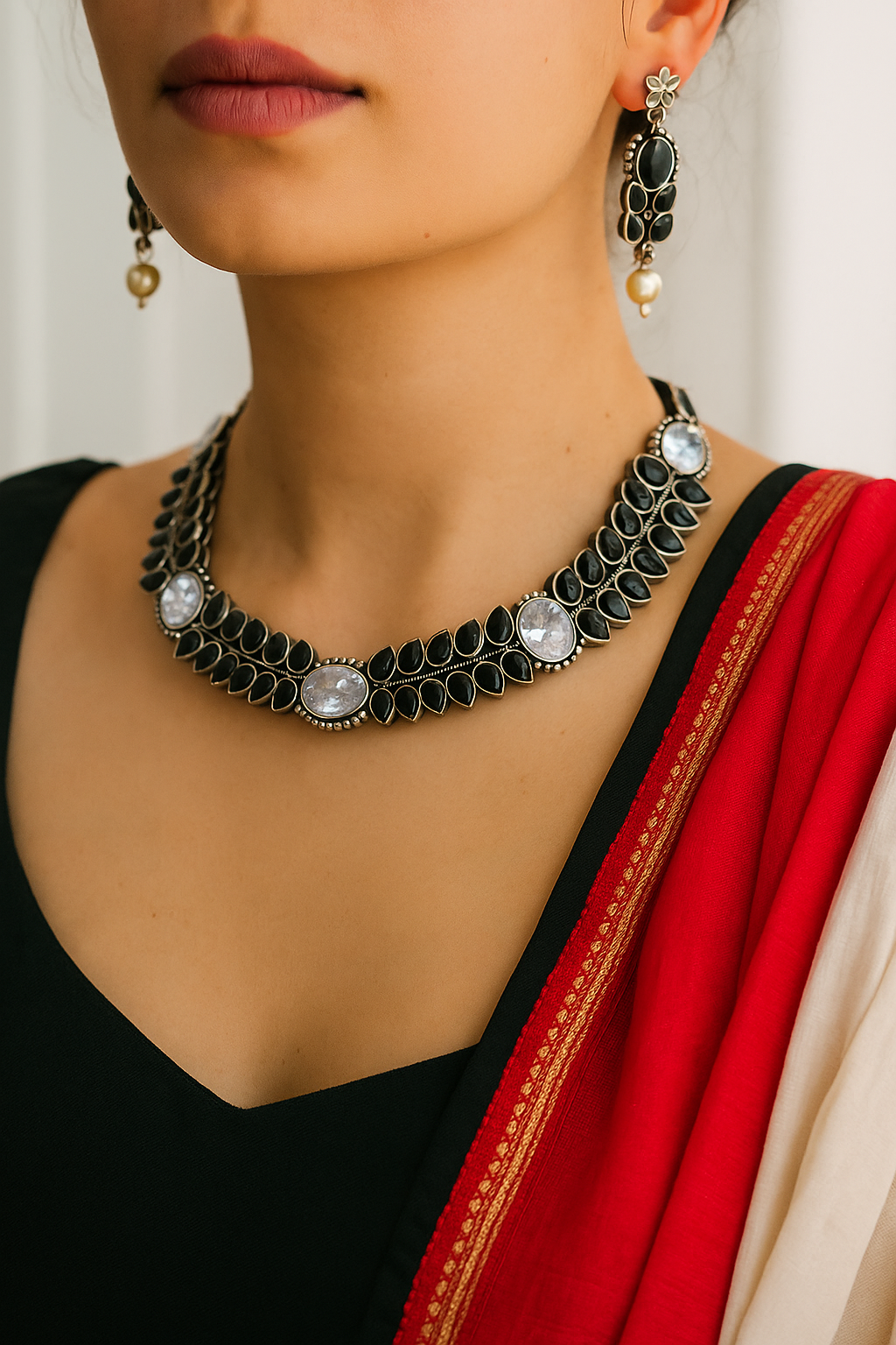 Black Stone & White Crystal Choker Necklace Set with Earrings