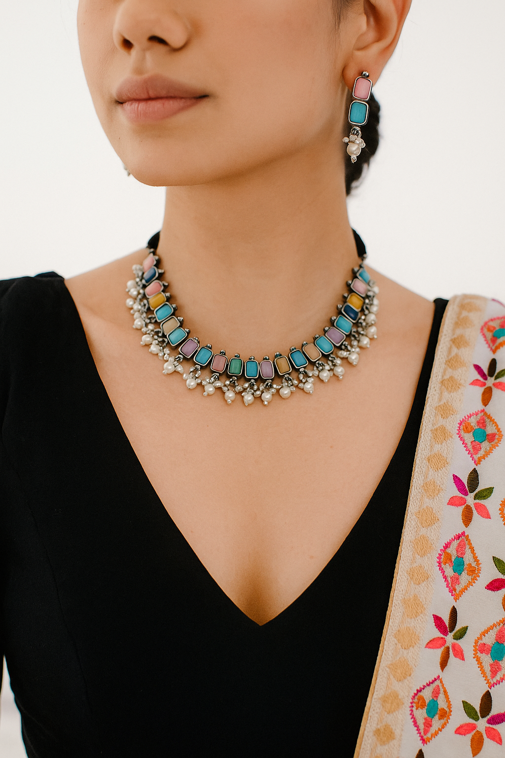 Multicolor Stone Oxidized Choker Necklace Set with Earrings