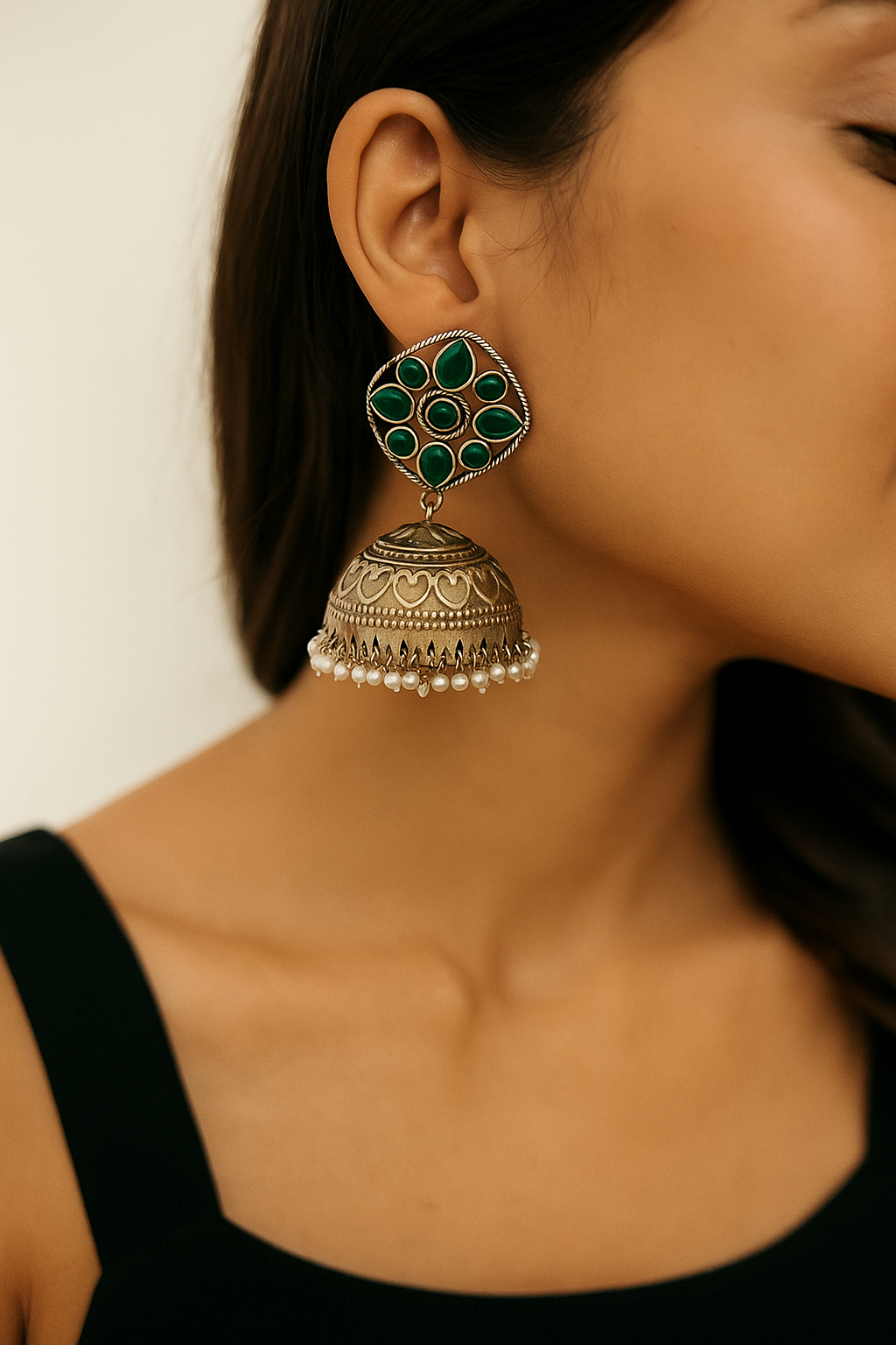 Antique Green Stone Oxidized Jhumka Earrings with Pearl Drops