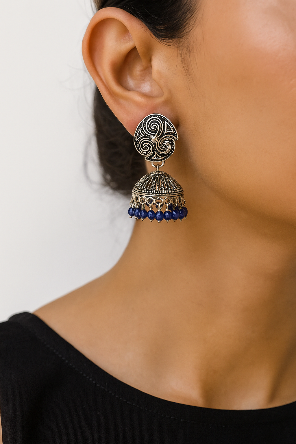 Oxidized Silver Dome Jhumka Earrings with Blue Beads
