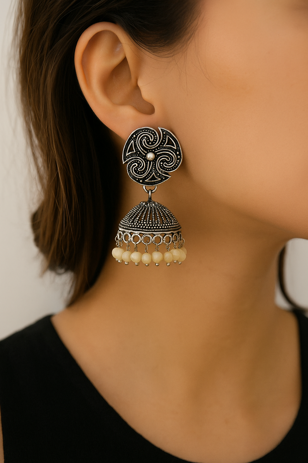 Oxidized Silver Jhumka Earrings with Beige Beads