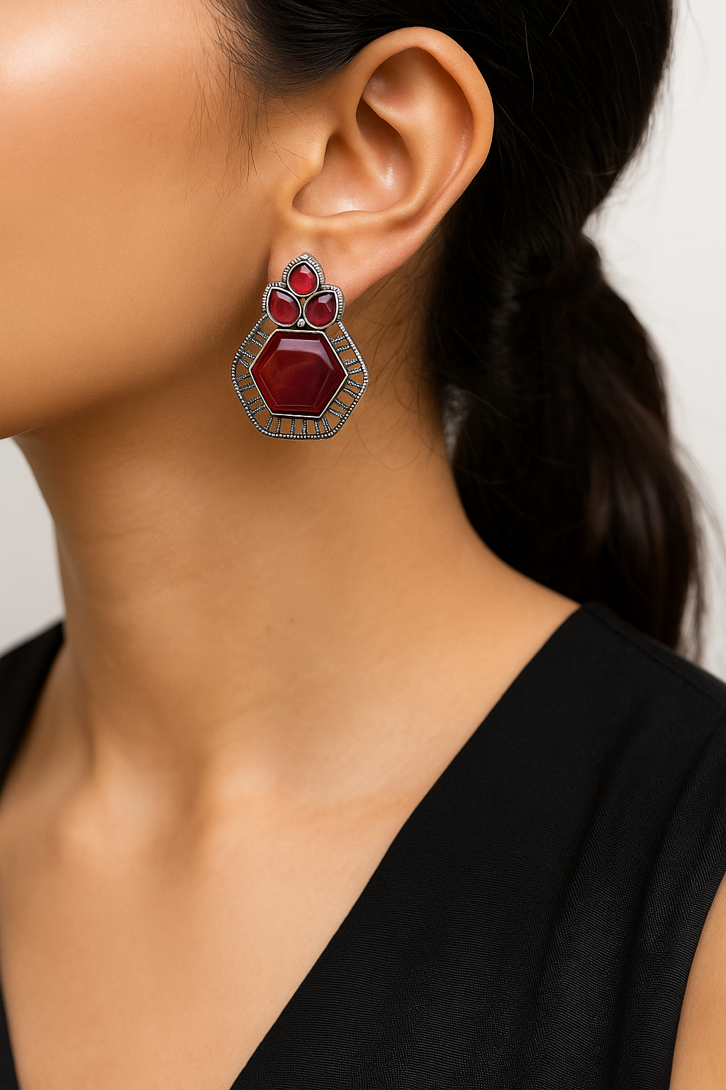 Bold Red Stone Stud Earrings – Statement Oxidized Finish
