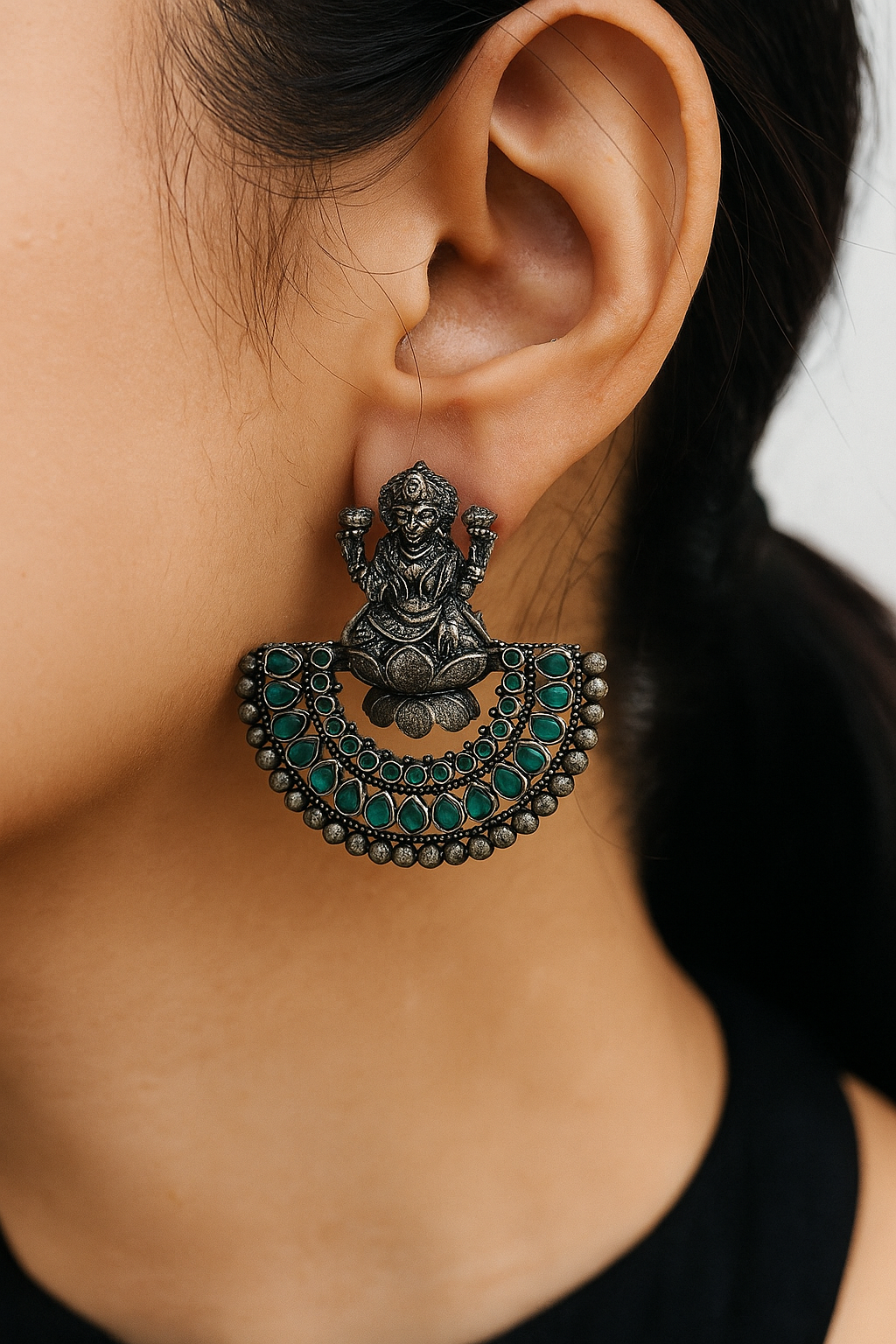 Antique Lakshmi Oxidized Earrings with Green Stone Detailing