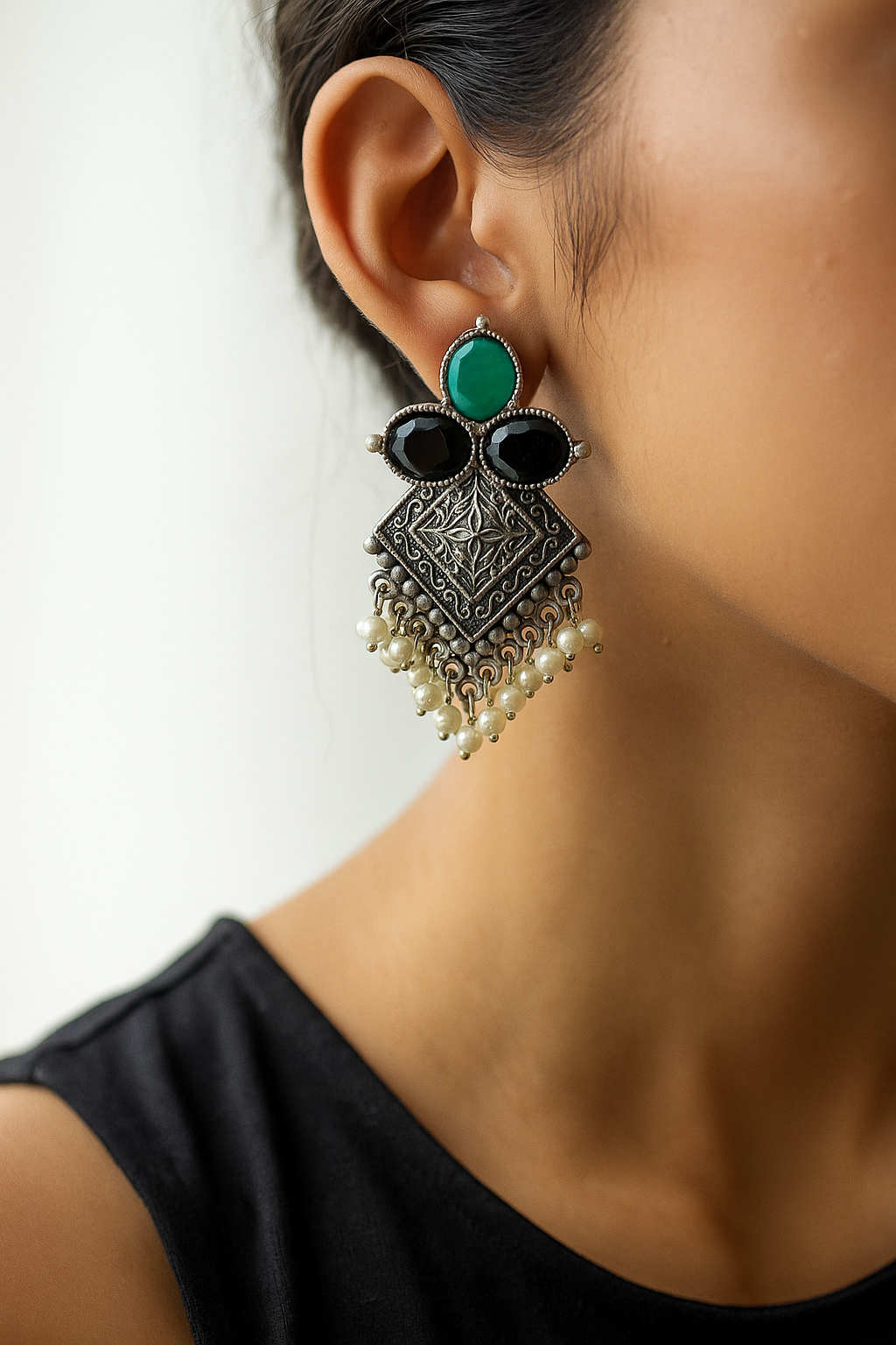 Oxidized Square Jhumka Earrings with Green & Black Stones and Pearl Drops