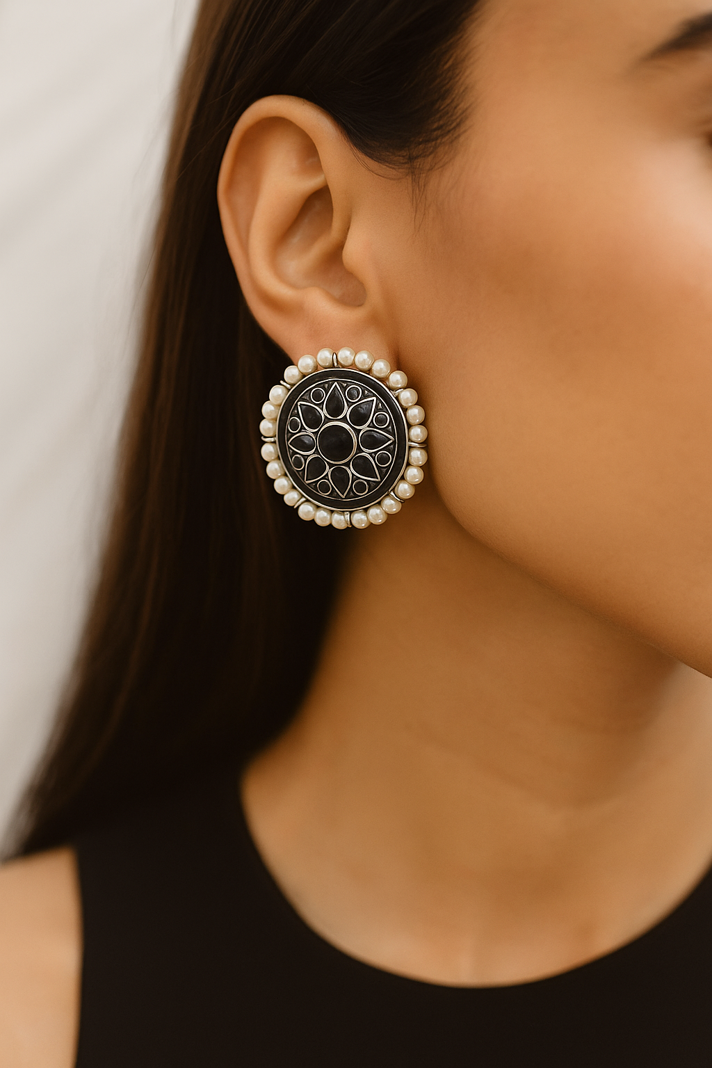 Oxidized Black Stone Stud Earrings with Pearl Border