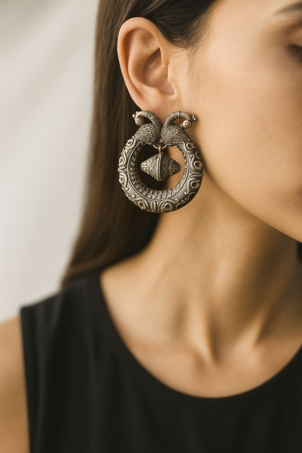 Antique Oxidised Peacock Hoop Earrings