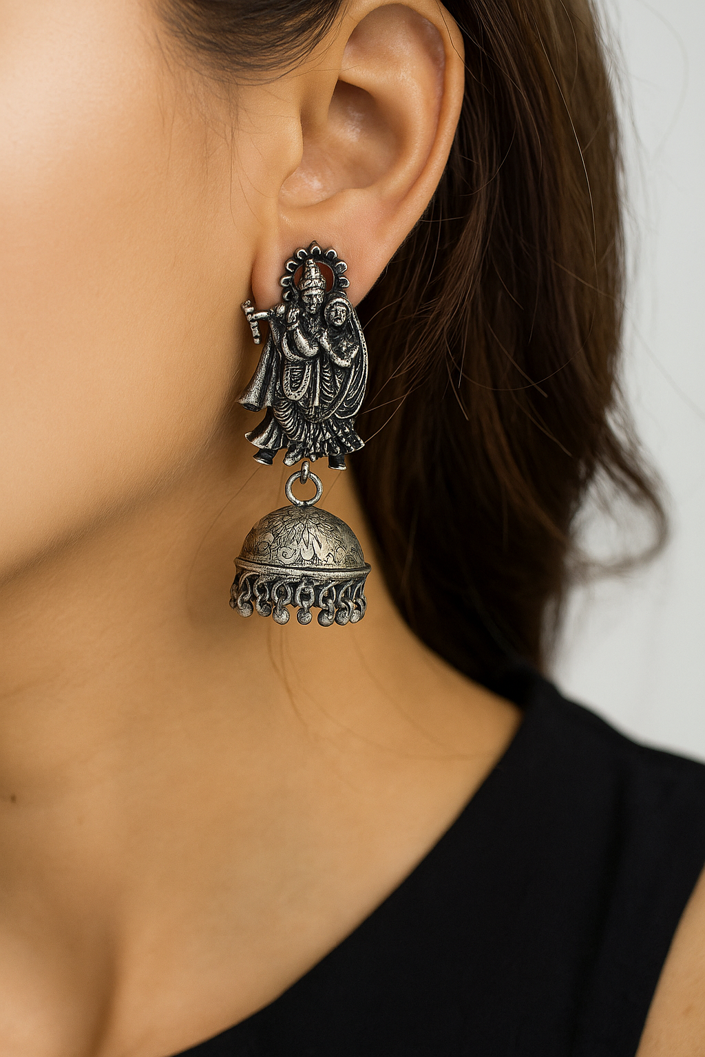 Antique Radha Krishna Oxidised Jhumka Earrings