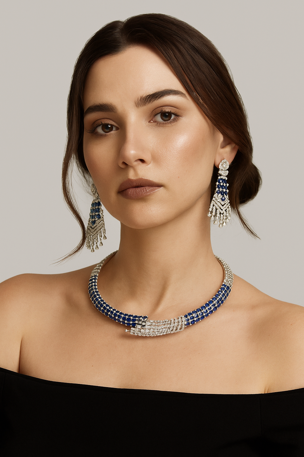 Sapphire Blue & Diamond Choker Necklace Set with Long Earrings – Premium CZ Jewellery