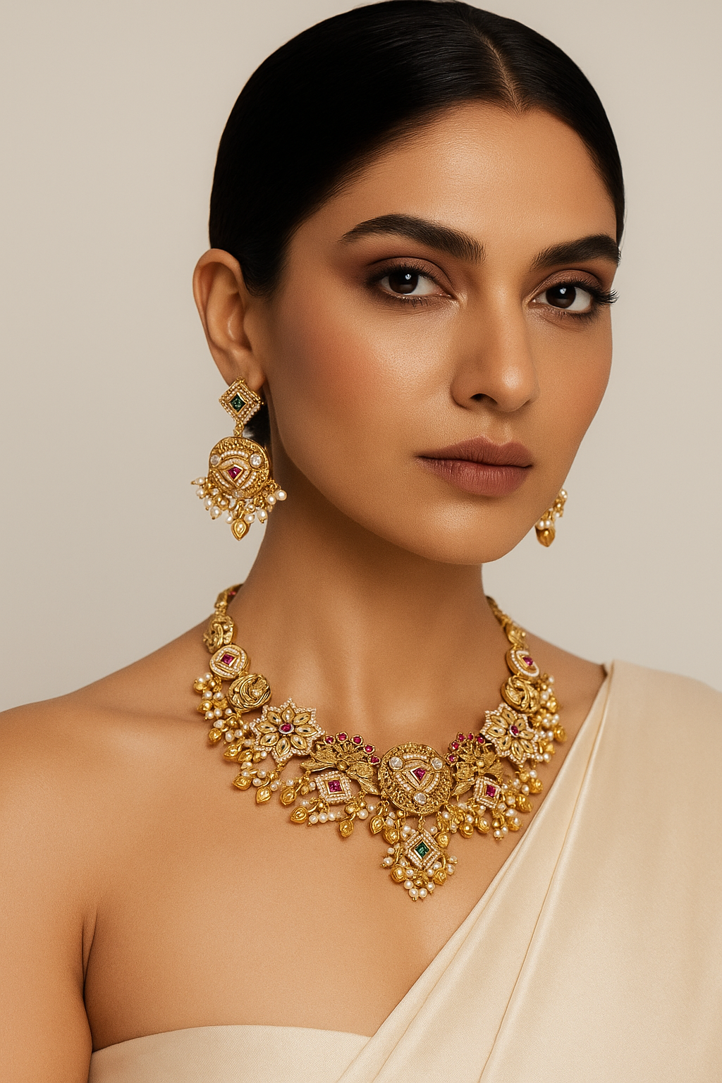 Antique Temple Necklace Set with Pearl Drops & Kundan Work – Bridal Jewellery