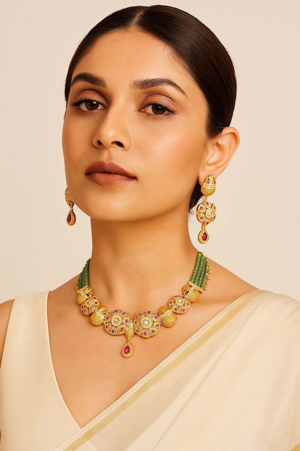 Antique Gold Plated Necklace Set with Ruby Stones & Green Beads