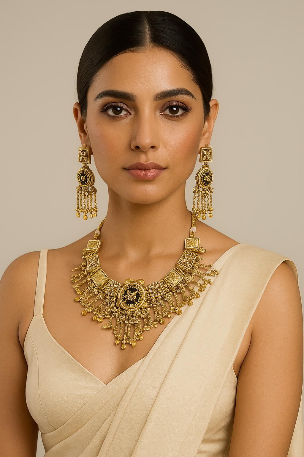 Antique Black Enamel Gold Plated Necklace Set with Pearl Chains & Earrings