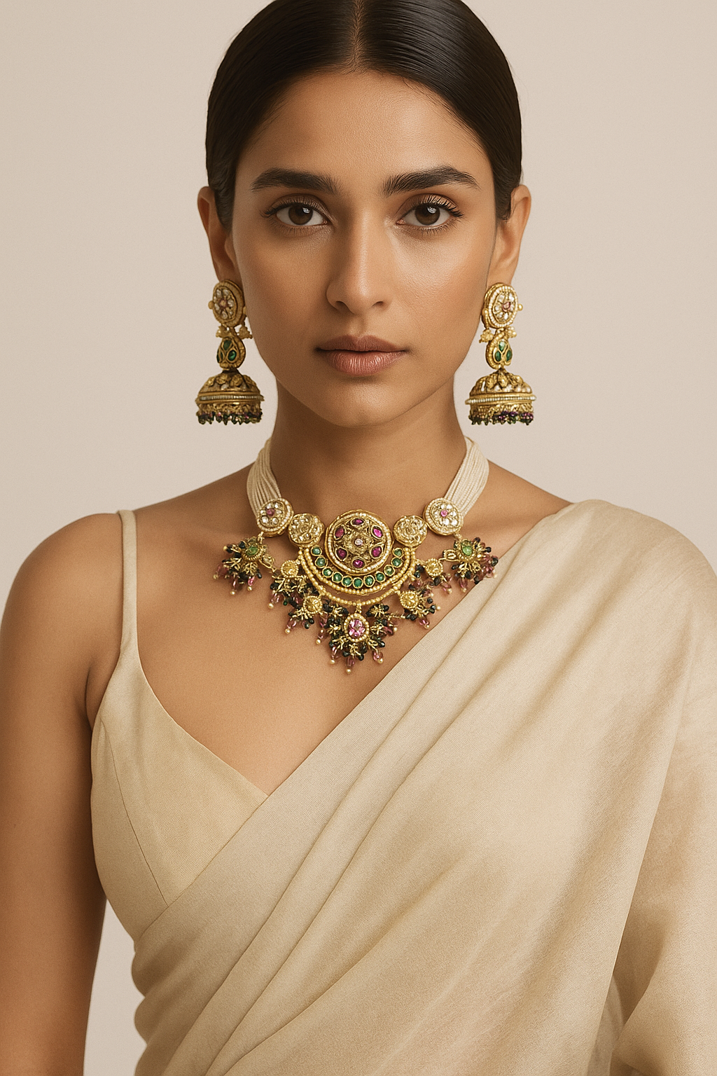 Royal Kundan Necklace Set with Green & Pink Stones and Pearl Strings