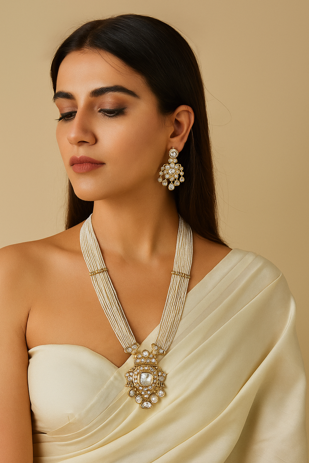 Classic White Kundan Pearl Necklace Set with Long Earrings