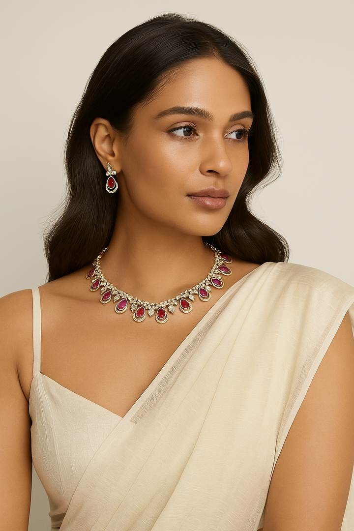 Ruby Drop Diamond Look Necklace Set