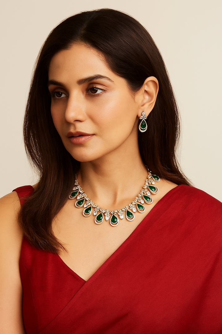Emerald Drop Diamond Look Necklace Set
