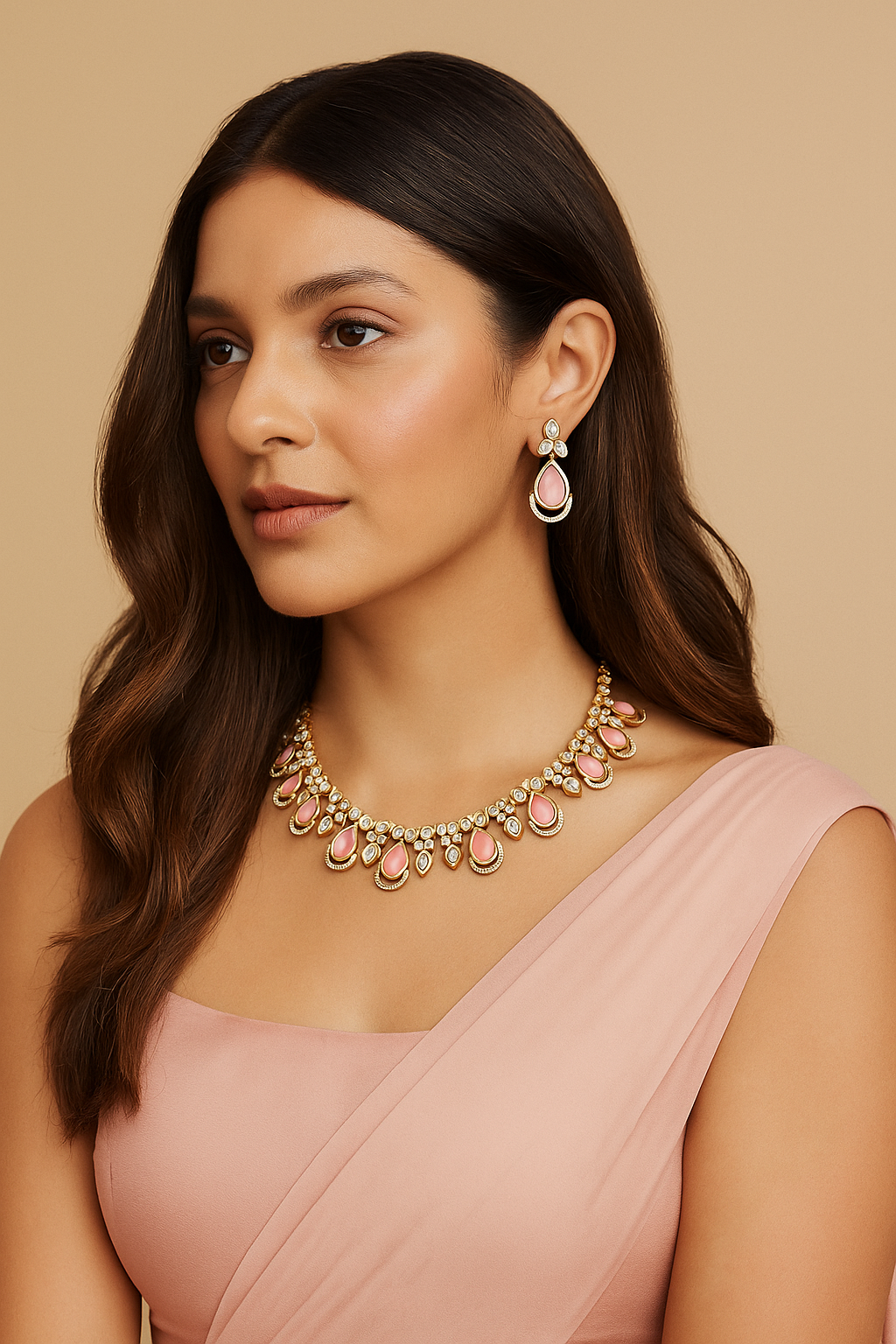 Pink Stone Diamond Look Necklace Set