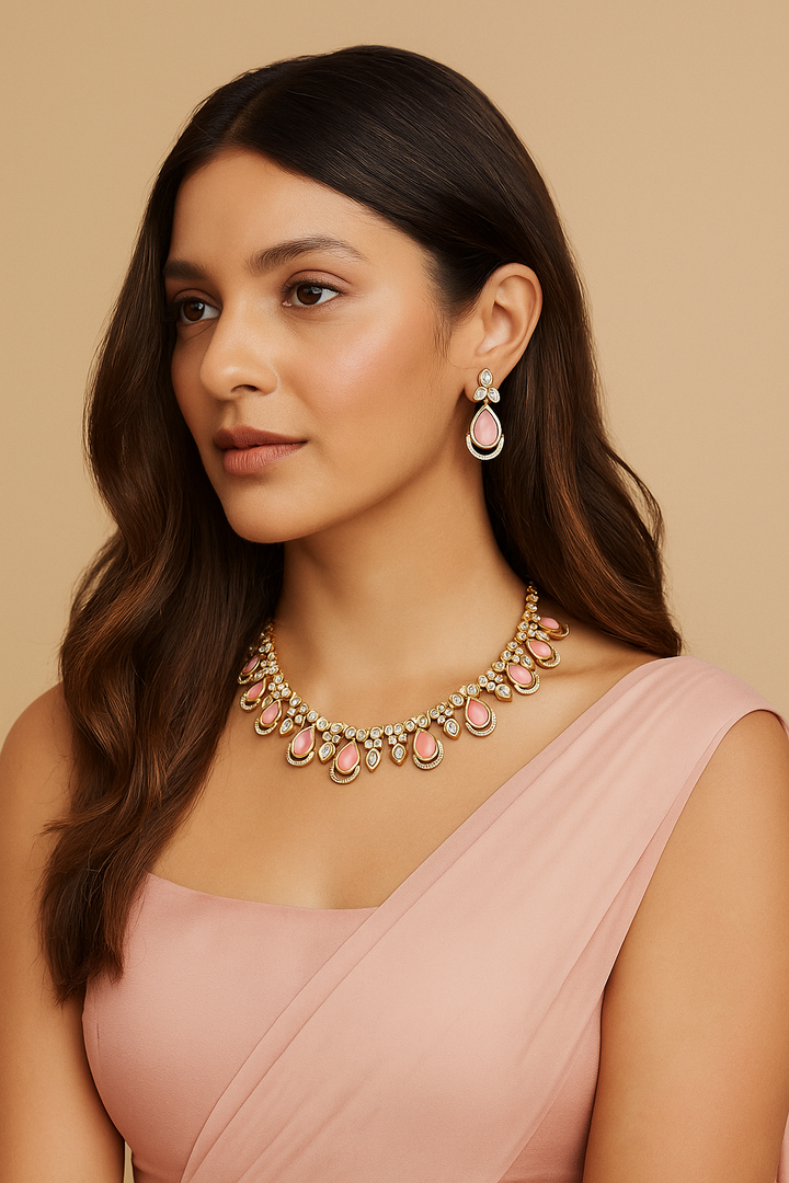 Pink Stone Diamond Look Necklace Set