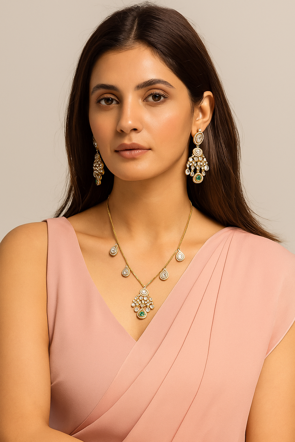 Emerald Accent Diamond Look Chandelier Necklace Set