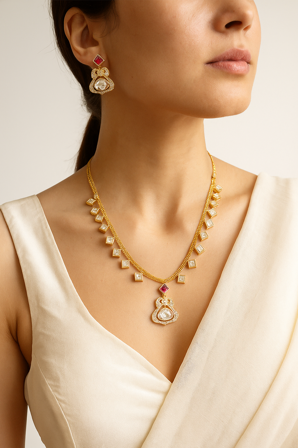 Square Cut Diamond Look Necklace Set with Ruby Accents