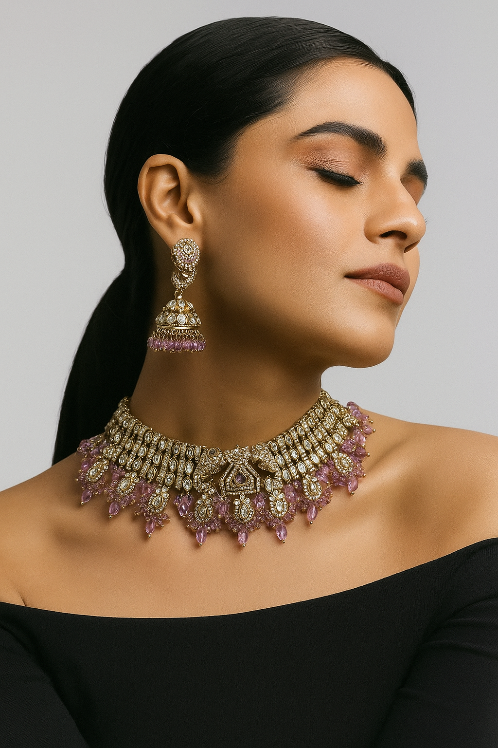 Royal Purple Kundan Choker Set with Jhumkas and Maang Tikka