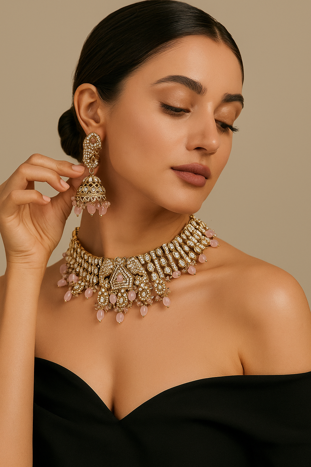 Baby Pink Kundan Choker Set with Jhumkas and Maang Tikka