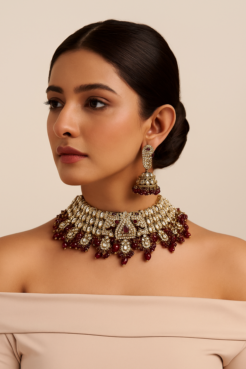 Royal Ruby Kundan Choker Set with Jhumkas and Maang Tikka
