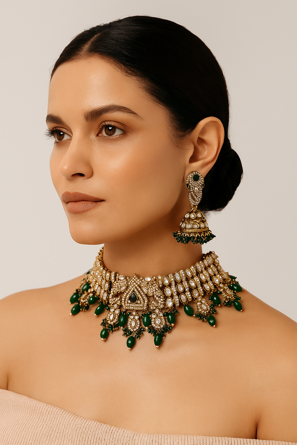 Emerald Green Kundan Choker Set with Jhumkas and Maang Tikka