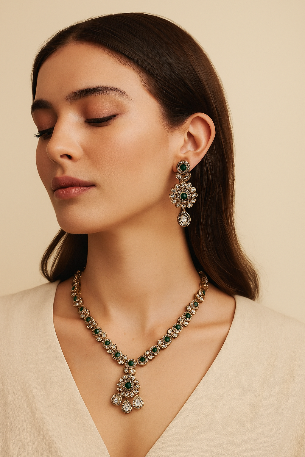 Emerald Green Stone Kundan Necklace Set with Earrings