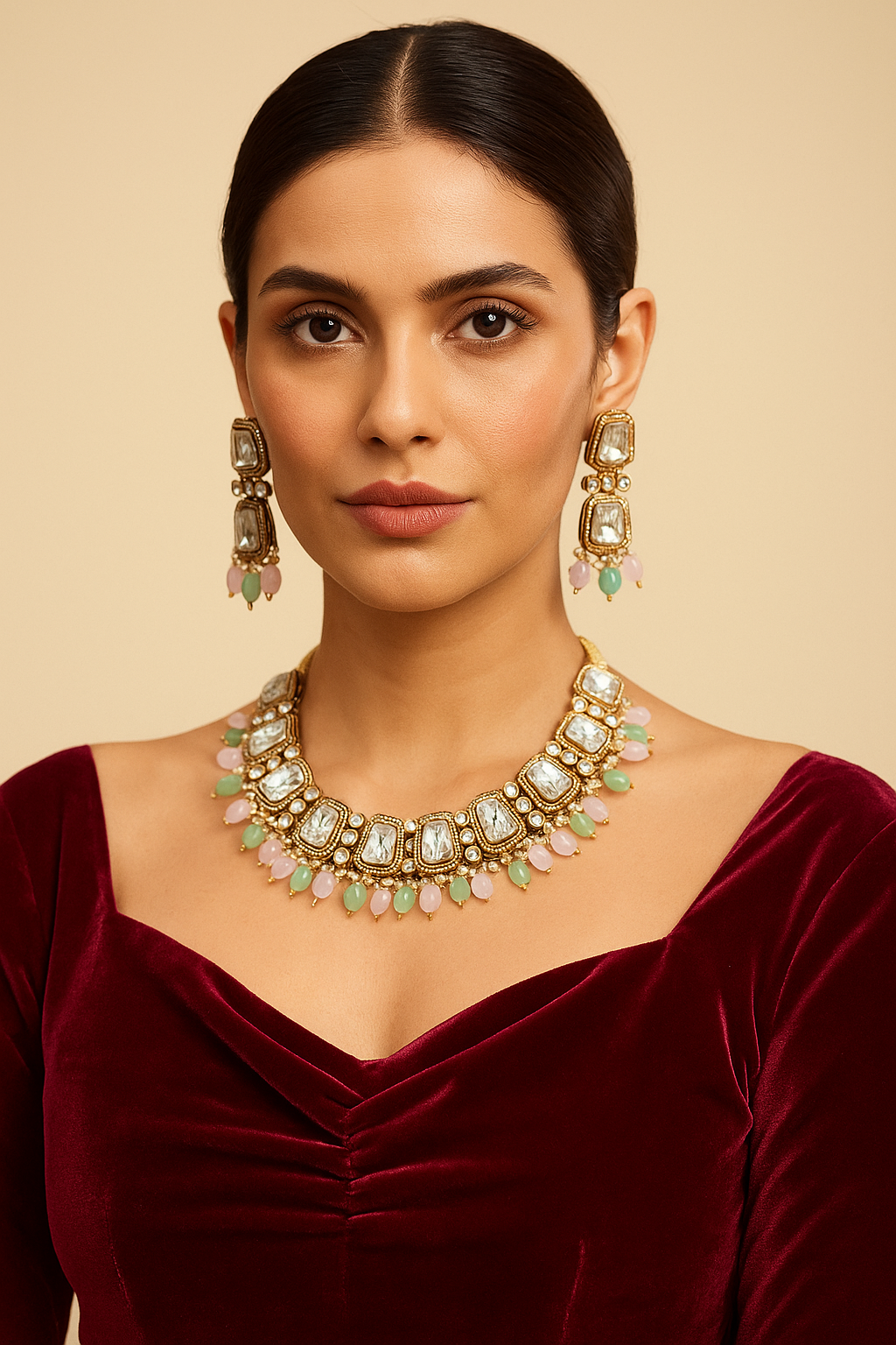Pastel Pink & Green Kundan Choker Set with Maang Tikka and Earrings