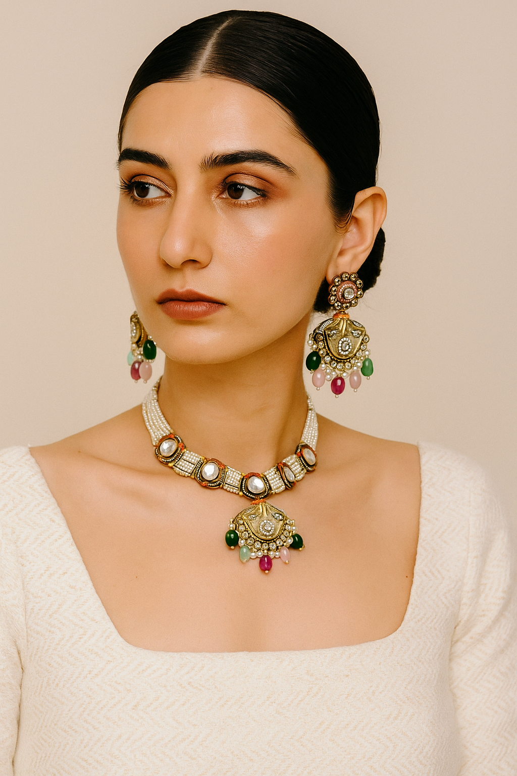 Multicolor Beaded Kundan Choker Set with Maang Tikka and Earrings