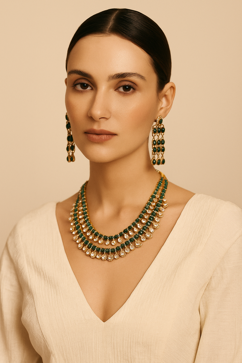 Emerald Green Kundan Necklace Set with Long Earrings