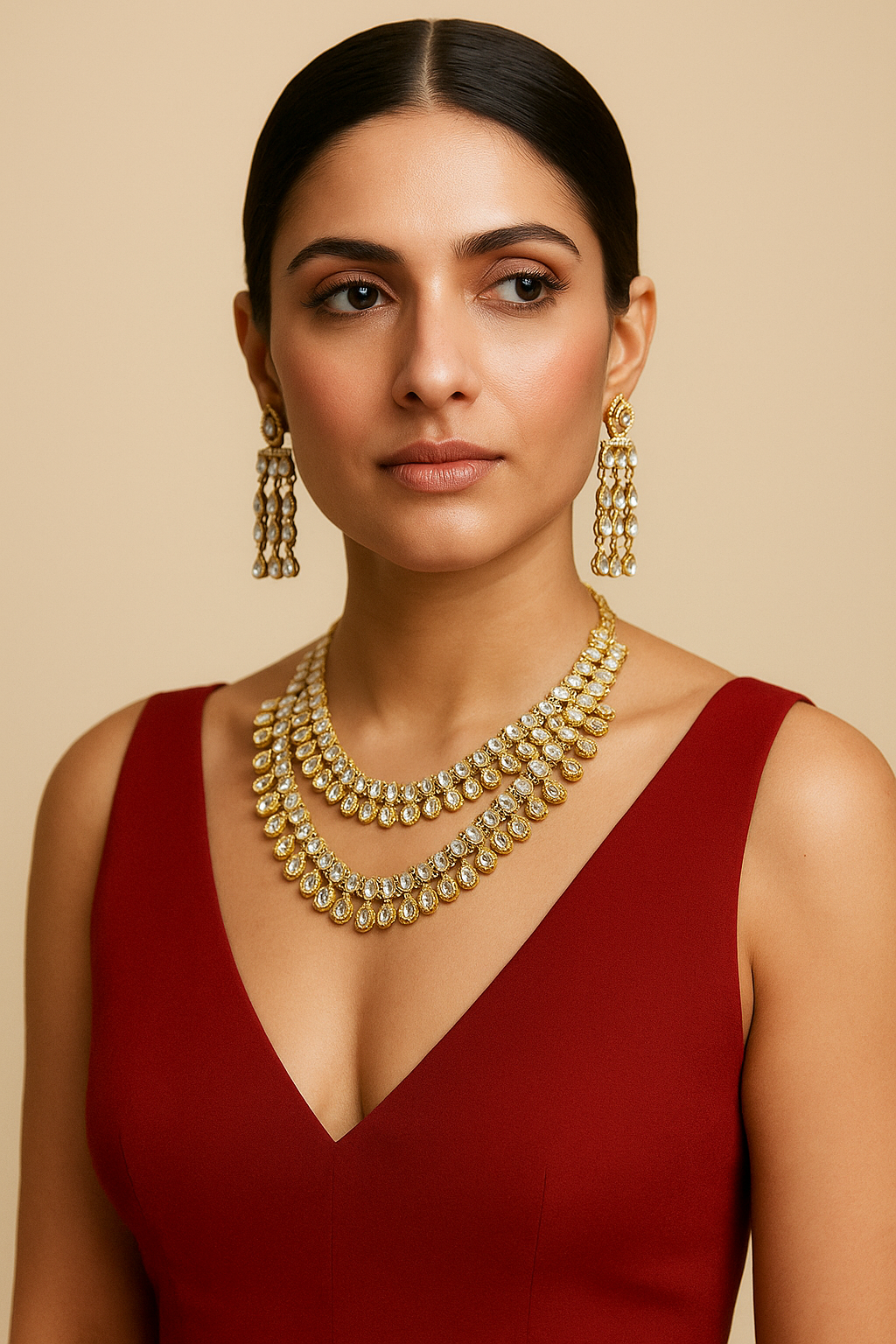 Classic Diamond Look Kundan Necklace Set with Long Earrings