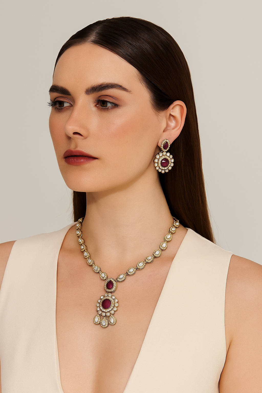 Ruby Stone Kundan Necklace Set with Pear Drop Design