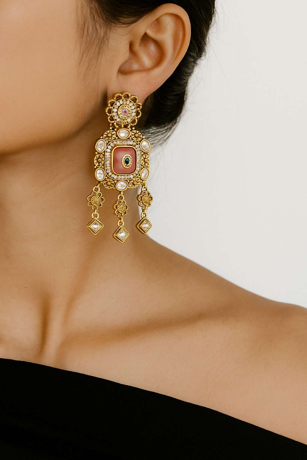 Antique Pink and Green Stone Earrings with Floral Detailing