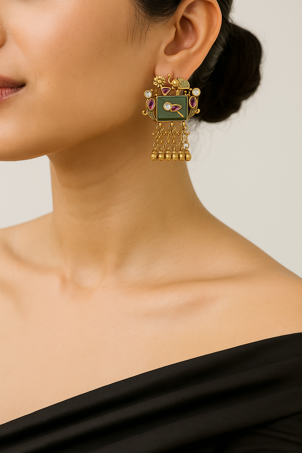 Antique Elephant & Bird Design Earrings with Green Stone Base