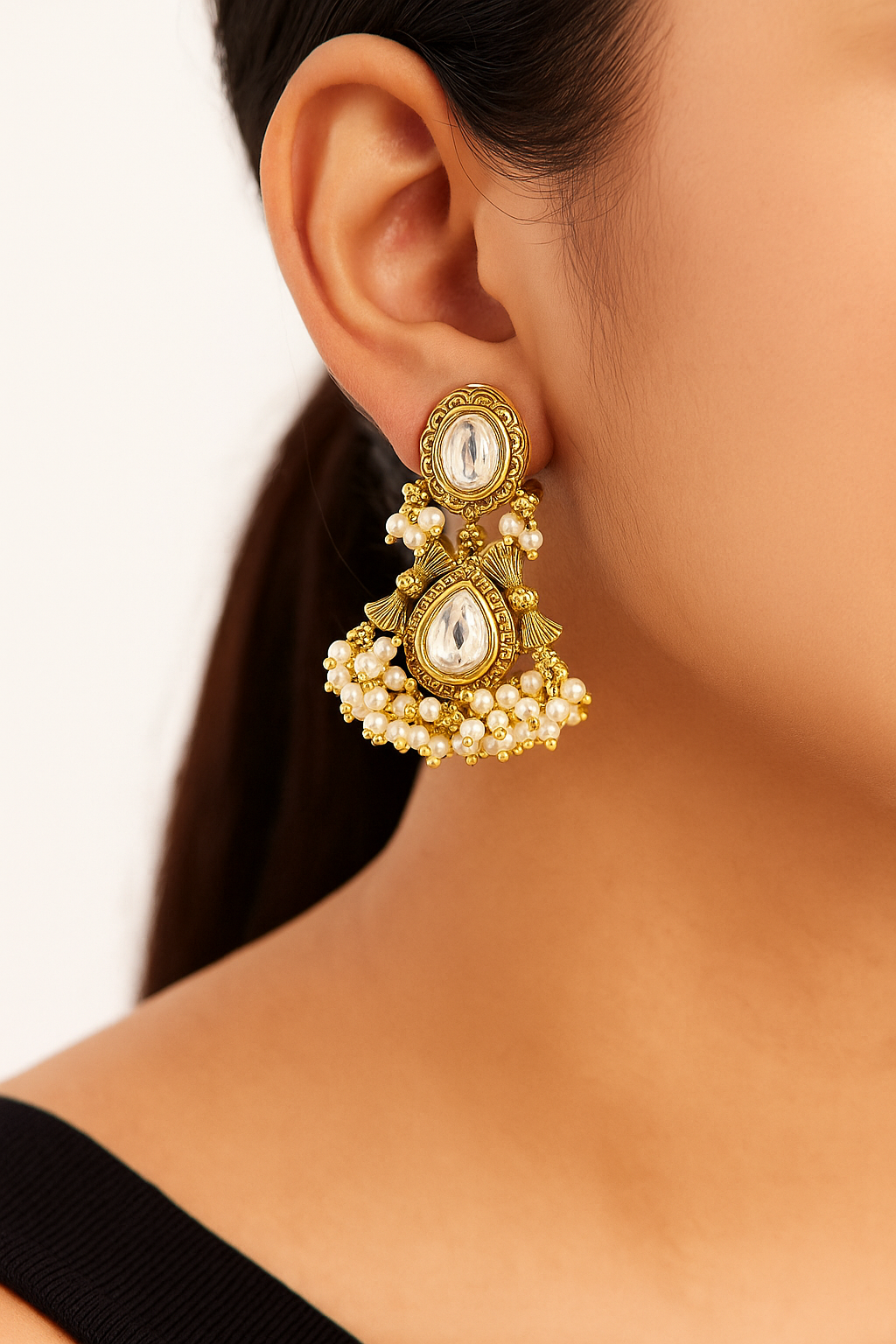 Antique Kundan Pearl Cluster Earrings