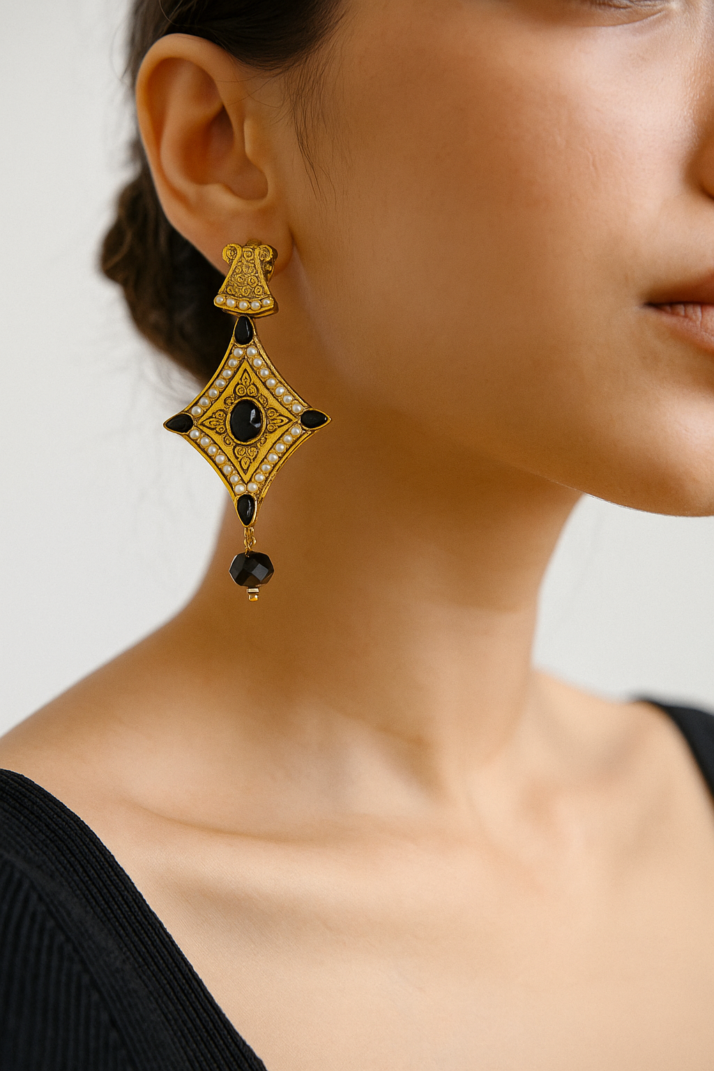 Black Stone Antique Square Drop Earrings
