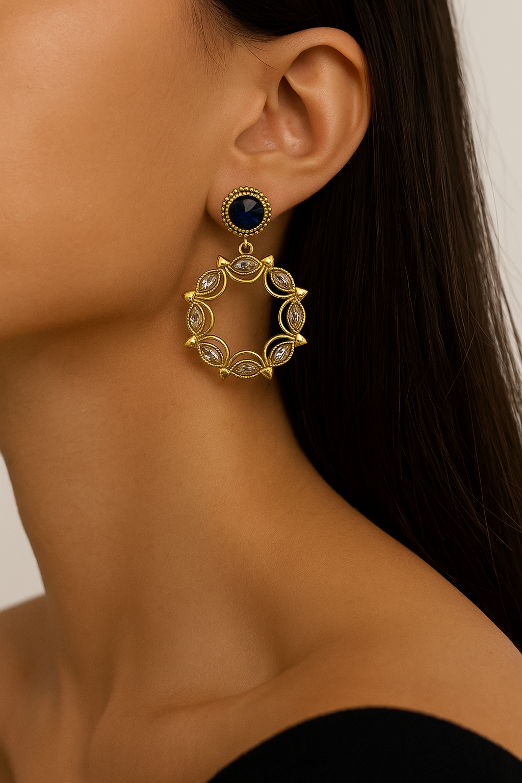 Blue Stone Circular Kundan Hoop Earrings