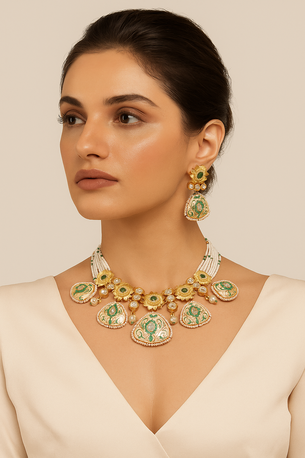 Emerald Green Enamel Kundan Necklace Set