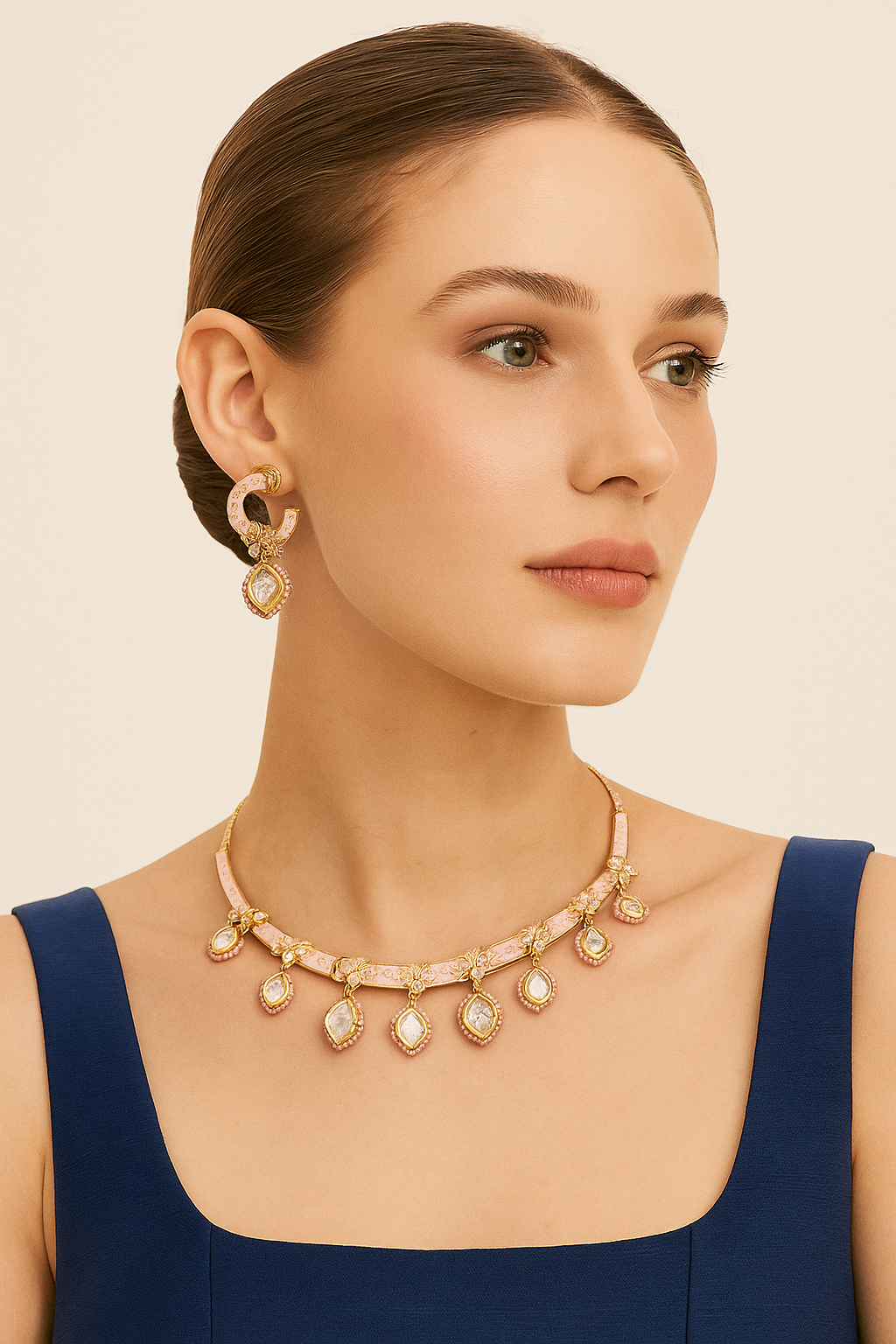 Baby Pink Enamel Diamond Choker Necklace Set