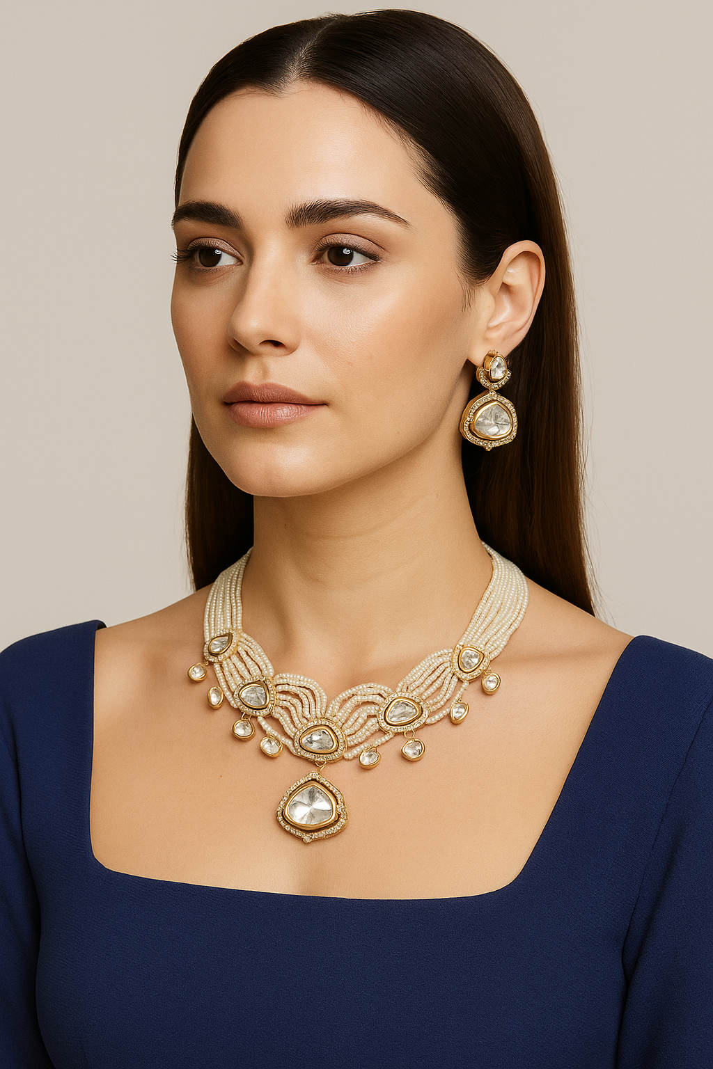 Pearl Strings Diamond Kundan Necklace Set