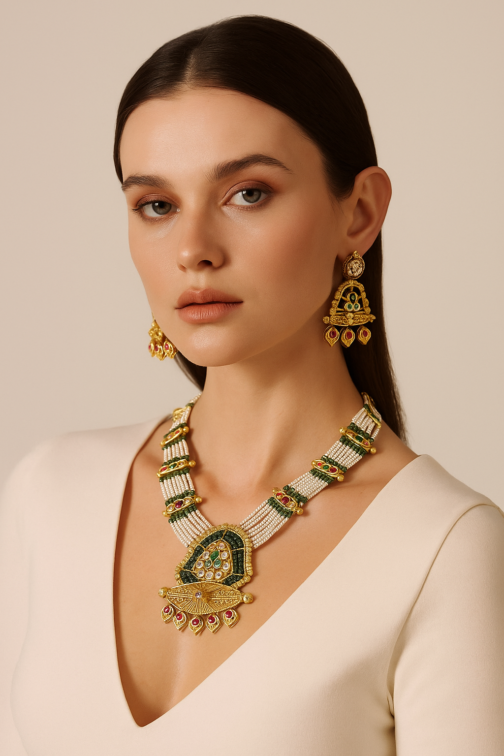 Temple Style Kundan Necklace Set – Antique Gold Finish with Pearls and Stones