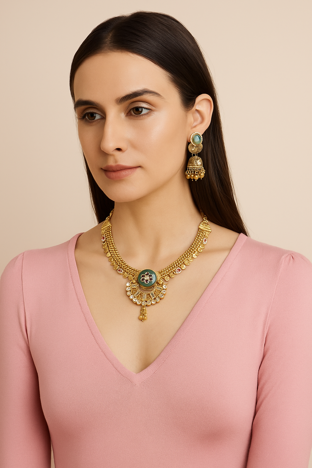 Antique Gold Necklace Set – Ruby & Green Stone Design with Jhumka Earrings