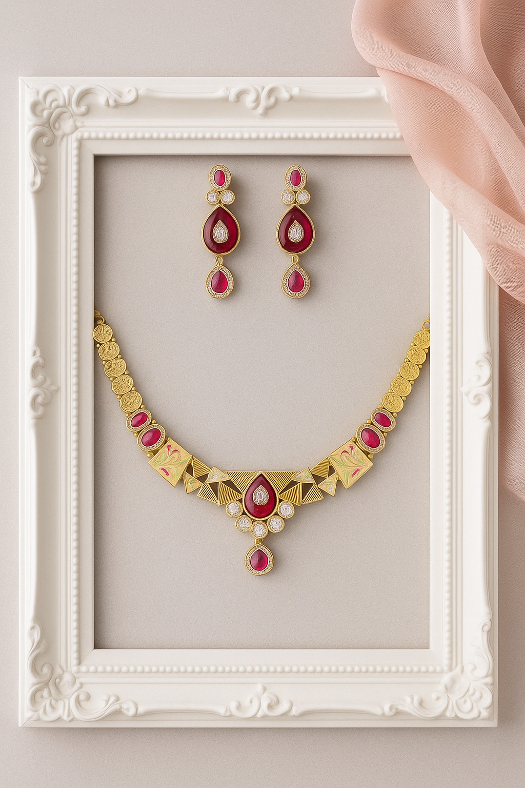 Ruby Kundan Necklace Set – Gold Finish with Enamel Detailing