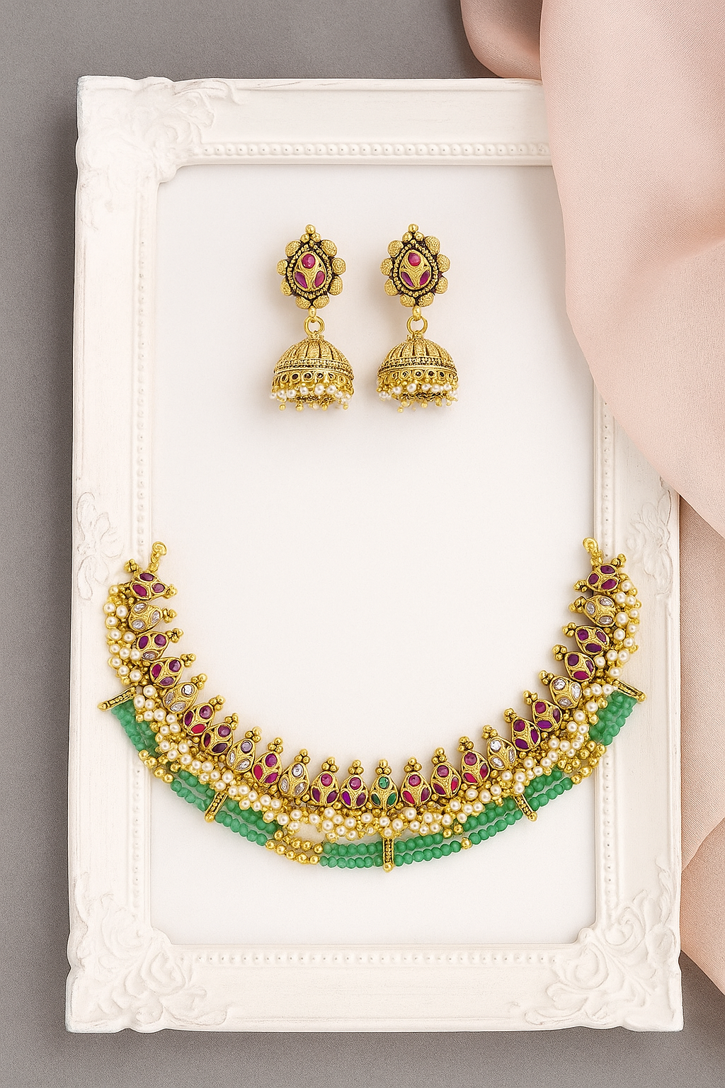 Gold Temple Choker Necklace Set – Ruby & Emerald Beaded Design with Jhumka Earrings