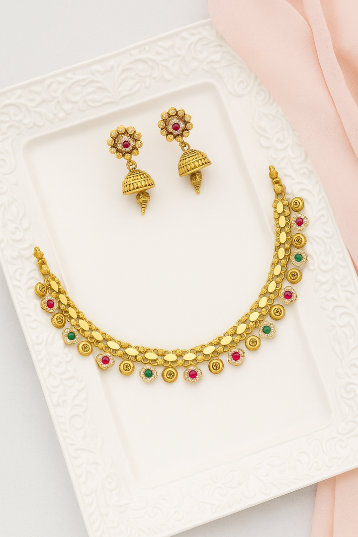 Antique Gold Ruby & Emerald Temple Necklace Set with Jhumka Earrings